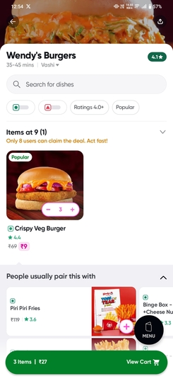 Wendy's burger at 9 in toing by Swiggy (location specific)