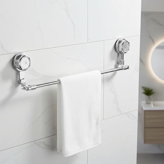 Amazon Basics Suction Adjustable Towel Rod (60–112Cm) | Self Adhesive Wall Mounted Towel Holder for Bathroom | No Drill, Rustproof
