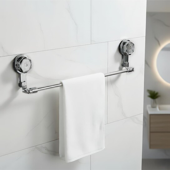 Amazon Basics Suction Adjustable Towel Rod (60–112Cm) | Self Adhesive Wall Mounted Towel Rack for Bathroom | No Drill, Rustproof