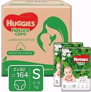 Huggies Nature Care Pants, Small Size (4-8 Kg) Premium Baby Diaper Pants, Monthly Pack 164 Count, Made with 100% Organic Cotton (82 Count, Pack of 2)