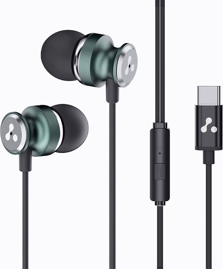 Ambrane Type-C Wired in Ear Earphones, 10Mm Bass Drivers, Inline Controls for Type C Smartphones, iPhone 15 & Laptop, 1.2M Braided Anti Tangle Wire with Mic for Clear Calling (Stringz 03, Green) 