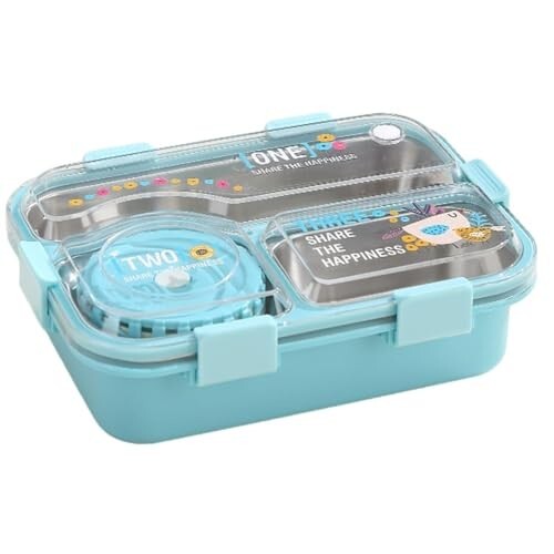 ATTRO Jupiter Lunch Box with 3 Inner Steel Compartment, 1 Small Container, 1 Spoon & Chopstick Air-Tight Leakproof Heat Water Insulation Design- 700ml+70ml Blue