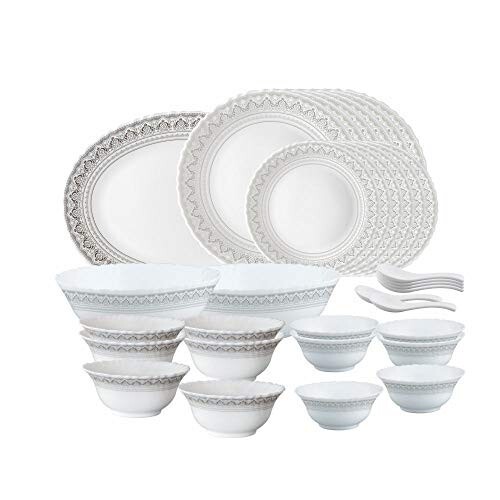 Larah by Borosil Classic Opalware Dinner Set, 33-Pieces, White