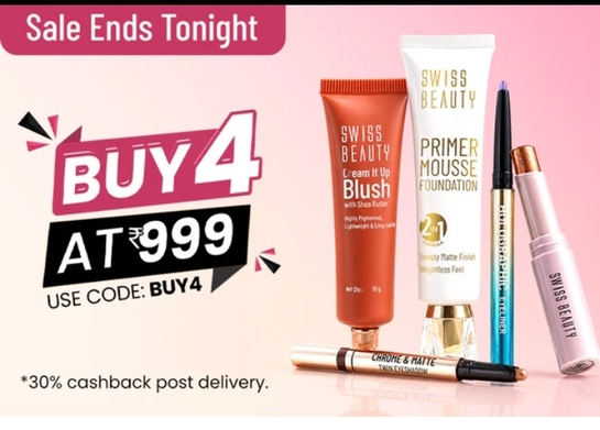 Swiss Beauty BUY4 Offer – 4 Products @ ₹999 + 30% Cashback + Extra 5% Off (Prepaid)