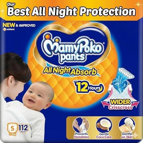 Mamypoko pants All night absorb| Pant Style Baby Diapers Small Size(S), 112 Count (Pack of 2)