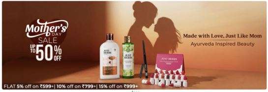 Justherbs - Mothers Day Sale | Upto 50% off | Flat 5% off on 599 , 10% off on 799, 15% off on 999 