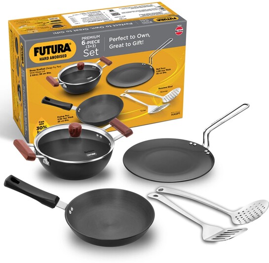 Hawkins Futura Gift Set (Non-Stick)Induction Bottom Cookware Set (Hard Anodised, 6 - Piece)