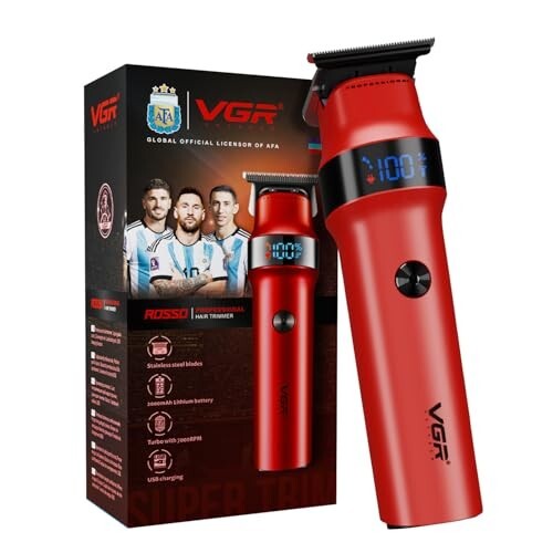 VGR Rosso Professional Men's Beard & Moustache Hair Trimmer for Men with 400min Long Runtime | 2000mAh Lithium Battery (Red)