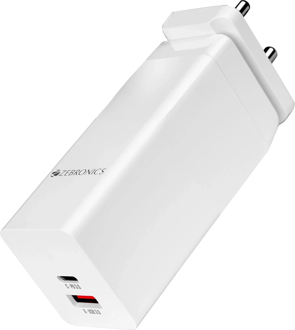 ZEBRONICS 100 W GaN 2.4 A Dual Port Mobile Charger with Detachable Cable (White)