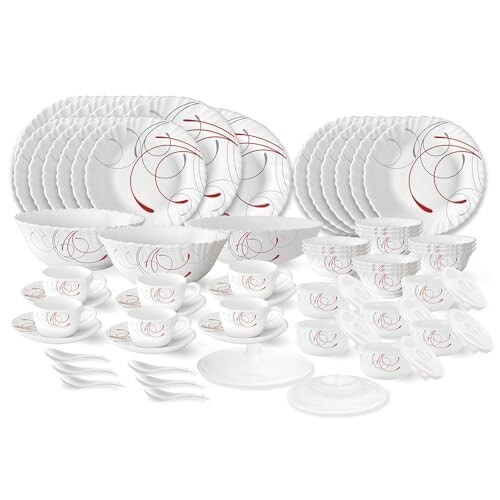 Larah by Borosil Boro Fluted Series Opalware Dinner Set | 66 Pieces for Family of 6 | White