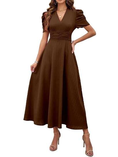 Shasmi Girls & Women's Solid Color V-Neck A-Line Maxi Dress for Women