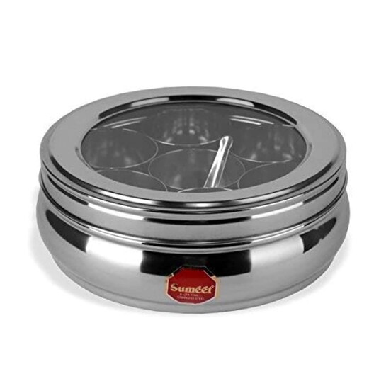 Sumeet Stainless Steel Belly Shape Masala (Spice) Box/Dabba/Organiser with See Through Lid with 7 Containers and Small Spoon (Small)