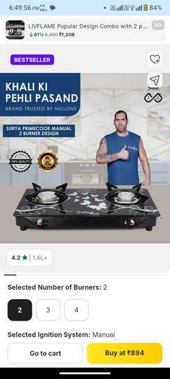 Sigri-wala Toughened Glass Gas Stove Stainless Steel Manual Gas Stove