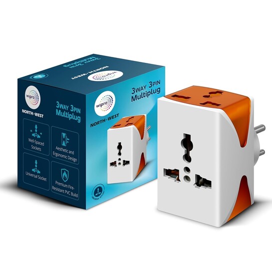 Wipro 3 Way Multiplug Adaptor with 3 Universal Sockets 6Amp Pack of 1 (White)