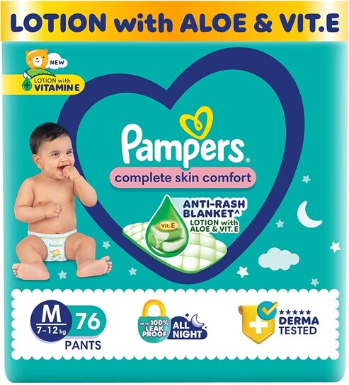 Pampers Complete Skin Comfort Pants, (M) 76 Count, Anti-rash blanket, Lotion with Vitamin E & Aloe Vera, Medium, 7-12kg