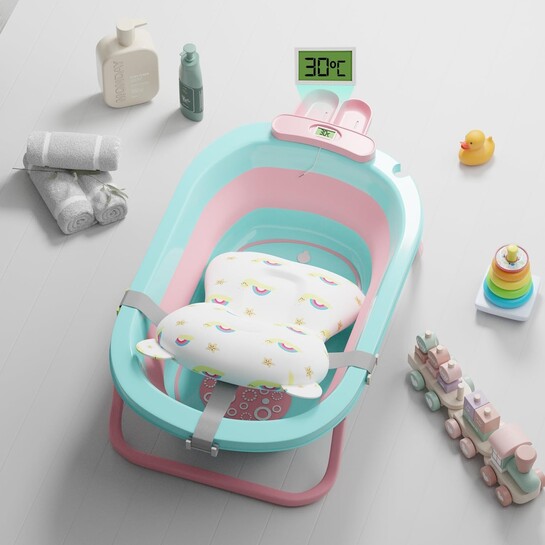 Foldable Baby Bath Tub for 0-5 Years | Padded Cushion + Built-in Thermometer | Portable | 59% Off + Extra 5% Coupon