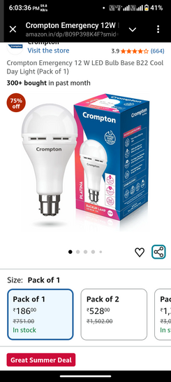 Crompton Emergency 12 W LED Bulb Base B22 Cool Day Light (Pack of 1)