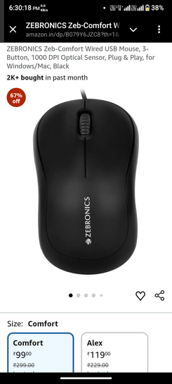 ZEBRONICS Zeb-Comfort Wired USB Mouse, 3-Button, 1000 DPI Optical Sensor, Plug & Play, for Windows/Mac, Black