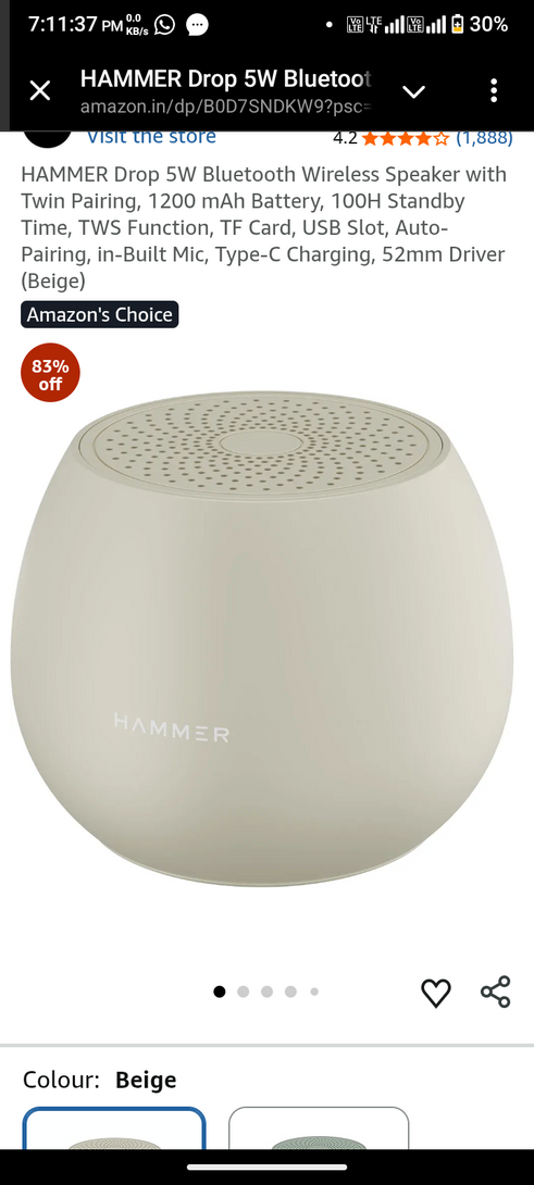 HAMMER Drop 5W Bluetooth Wireless Speaker with Twin Pairing, 1200 mAh Battery, 100H Standby Time, TWS Function, TF Card, USB Slot, Auto-Pairing, in-Built Mic, Type-C Charging, 52mm Driver (Beige)