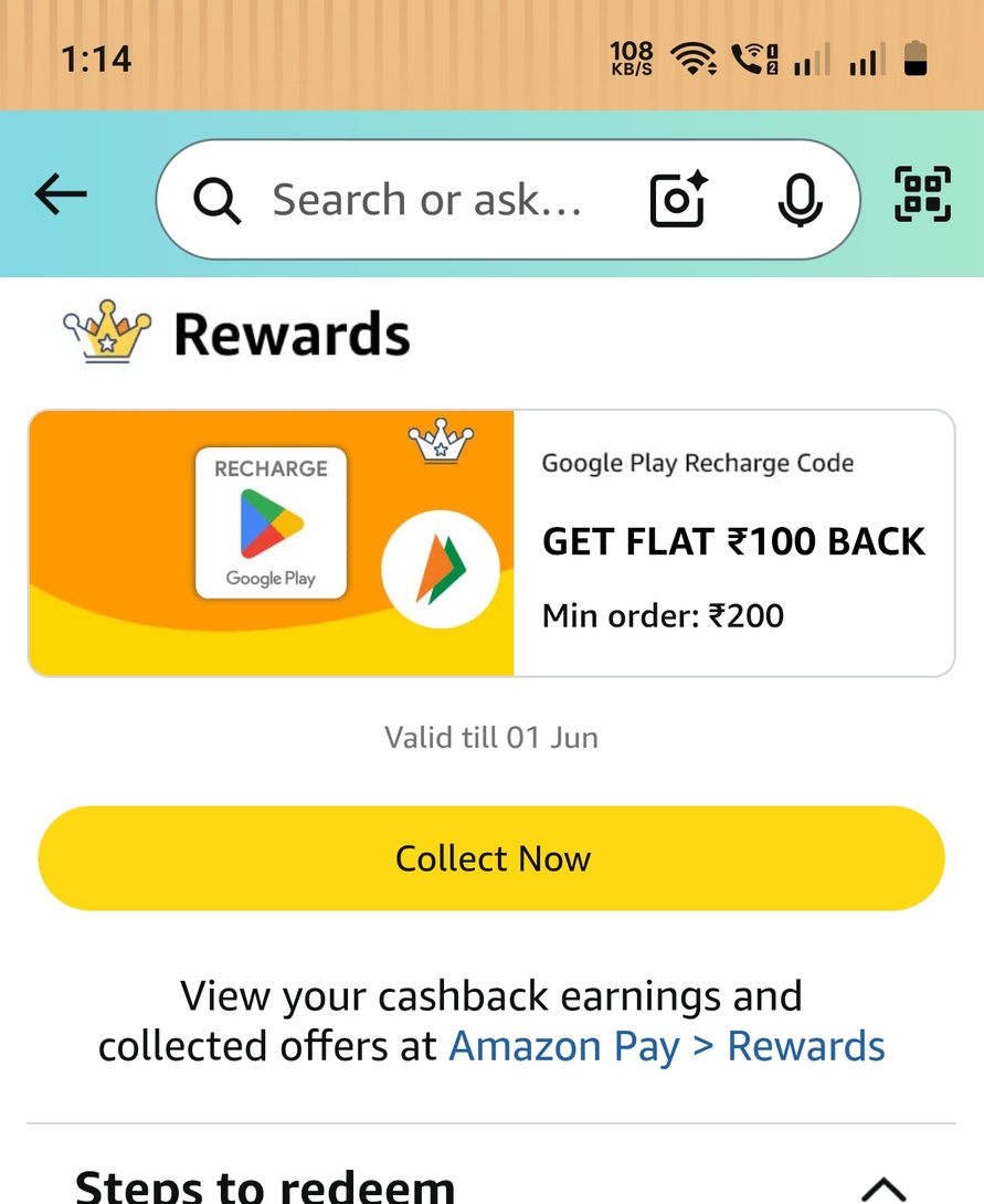 Minimum 100 Amazon - Flat ₹100 Back on Google Play Recharge Code Using Amazon Pay ...