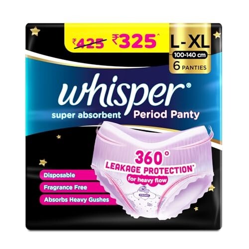 Whisper Super Absorbent Period Panty, 6 L-XL Pants, 360 Degree Leakage Protection