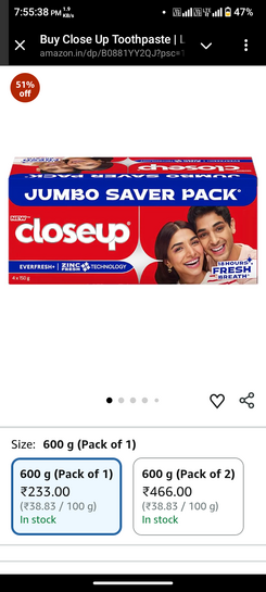 Close Up Toothpaste | Long lasting 18 Hours Of Fresh Breath & White Teeth - 600g (Pack of 4)