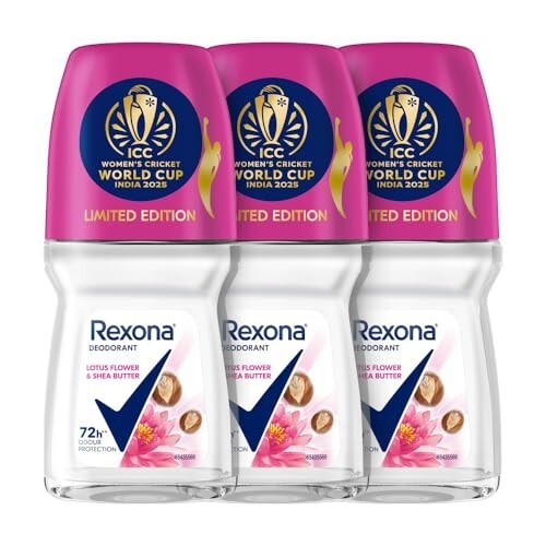 Rexona Lotus Flower & Shea Butter Antiperspirant Roll-On | for Women |72H Odour Protection | Limited Edition Pack - ICC Women’s Cricket World Cup India 2025 |50 ML (Pack of 3)