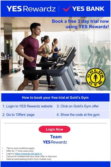 Free 3 day trial at Gold’s Gym clubs using Yes Rewards