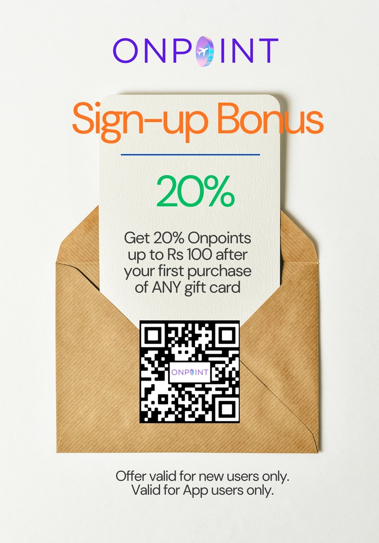 20% Bonus Onpoints on ANY gift card up to Rs 100 for new users of Onpoint valid for today.