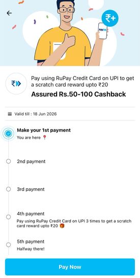 Paytm x Rupay CC Upi Payment Rewards | 500x10 | 10-20 CB x 5 Times (50-100)