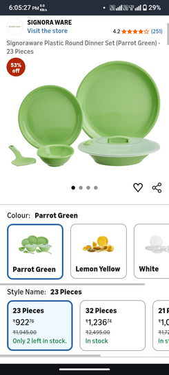 Signoraware Plastic Round Dinner Set (Parrot Green) - 23 Pieces
