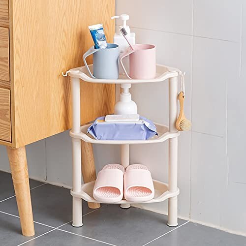 Wolpin 3-Tier Plastic Bathroom/Kitchen Corner Shelf Stand with Hooks – Multipurpose Storage Rack