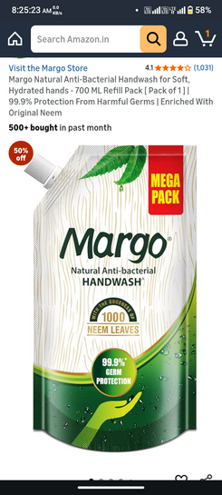 Margo Natural Anti-Bacterial Handwash for Soft, Hydrated hands - 700 ML Refill
