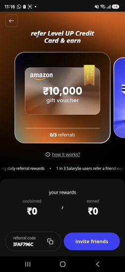 Get amazon gift card worth ₹10k on completing 3 referrals of salaryse CUB LEVEL UP credit card