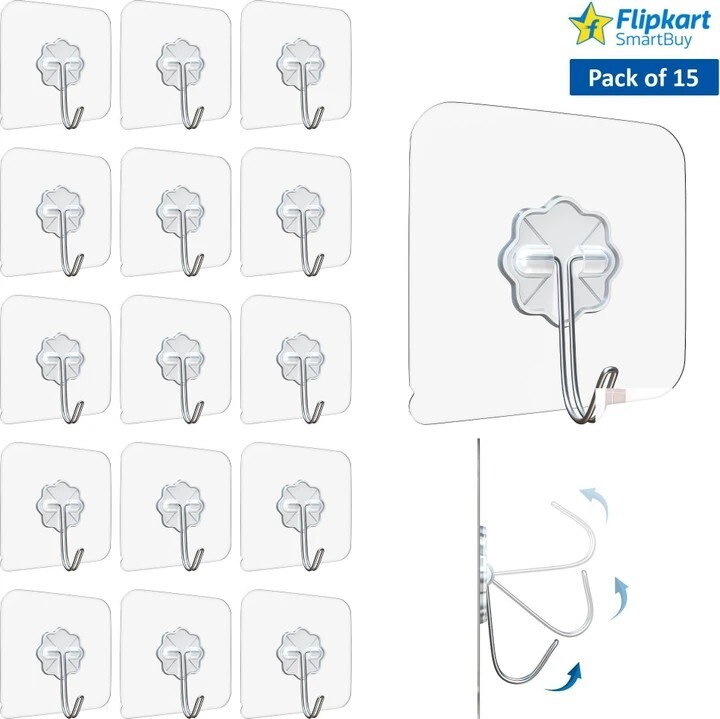 [Flipkart Minutes] Flipkart SmartBuy Transparent Self Adhesive Waterproof Wall Hooks (Pack of 15)