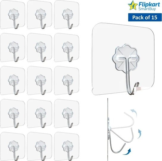 [Flipkart Minutes] Flipkart SmartBuy Transparent Self Adhesive Waterproof Wall Hooks (Pack of 15)