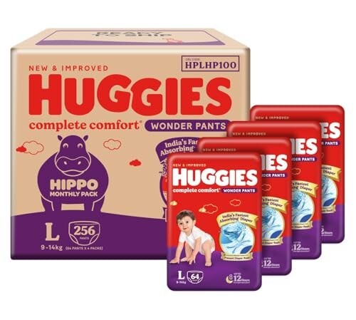 Huggies Complete Comfort Wonder Pants | Pant Style Baby Diapers Large Size, 256 Count (64 count, Pack of 4)
