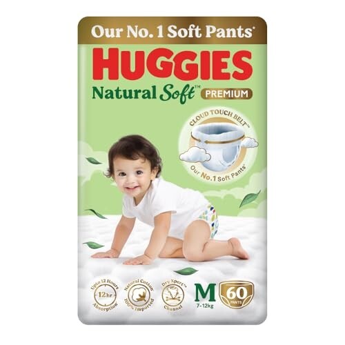 Huggies Natural Soft Premium Baby Diaper Pants Medium (M) Size (7-12 Kgs), Pack of 60 diapers [20% coupon]