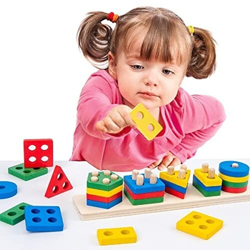 VGRASSP 5 Angle Geometric Shapes Educational Wooden Puzzle Sorting & Stacking Blocks Set for Kids - Kids Learn Counting Numbers, Sorting, Stacking, Colors