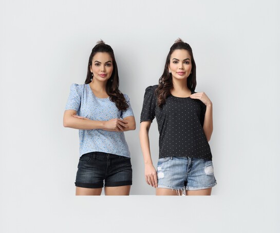 POPWINGS Casual Floral Printed Round-Neck Puff-Sleeves Tops Combo for Women