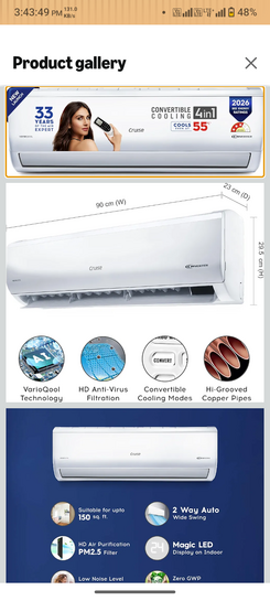 Cruise 1.5 Ton 3 Star,New Star rated, Inverter Split AC with 7-Stage Air Filtration (Copper, Convertible 4-in-1, Fast Cooling, PM 2.5 Filter, Anti-Rust Tech, New BEE Rated, CWCVBM-VQ3D173, White)