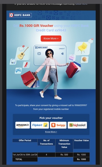 HDFC Credit Card 1000 Rs Gift Card on using 4 times for transactions above 500 Rs till 30th June