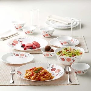Larah by Borosil Pack of 13 Opalware Dahlia Dinner Set (Pink, Microwave Safe)