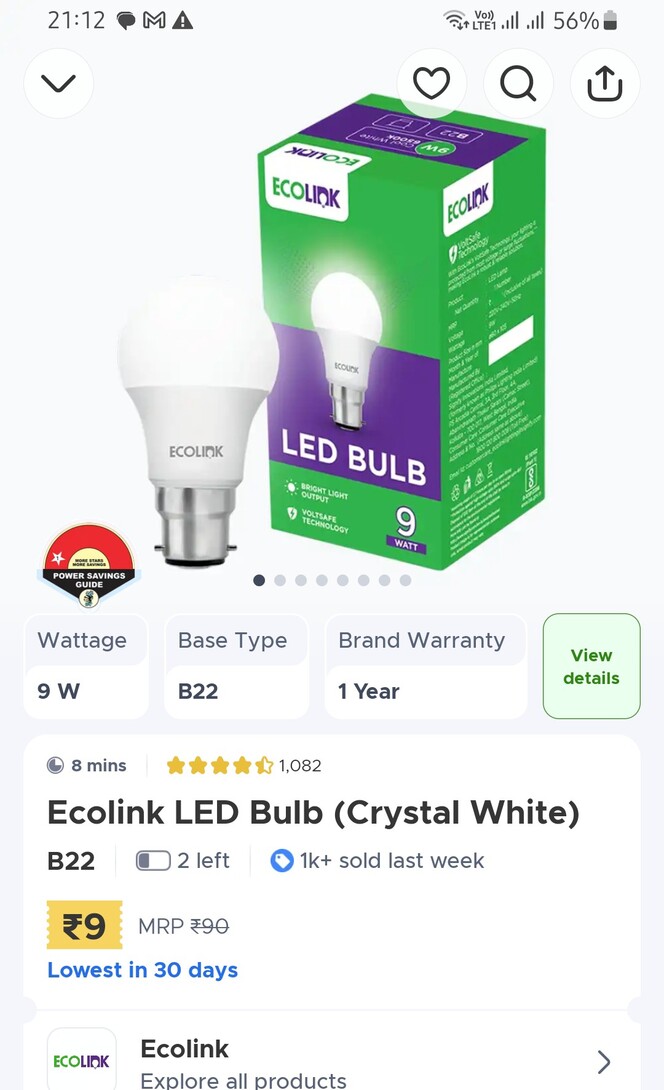 Ecolink LED Bulb 9W @ Rs 9 on blinkit