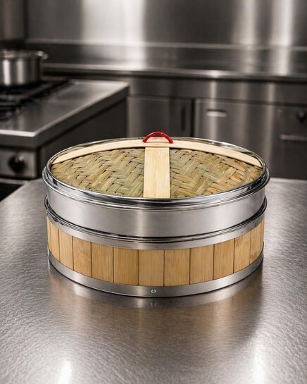 Bamboo Stainless Steel 20 Cm Steamer Basket with Lid – 1 Tier Round | Traditional Wooden Steamer for Momos, Dim Sum