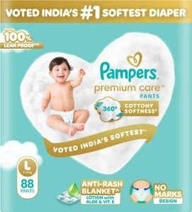 Pampers Premium Care Pants L 88 | No Marks | Indias Softest Diaper - L (88 Pieces)
