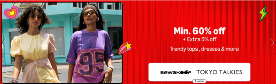 Min. 60% Off + Extra 5% Off on Trendy Tops, Dresses & More (Bewakoof, Tokyo Talkies & More)