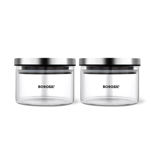Borosil Classic Jar (300ml x 2) with Stainless Steel Lid | Borosilicate Glass Storage Organiser | Microwave & Dishwasher Safe Kitchen Containers for Spices, Snacks, Grains, Dals