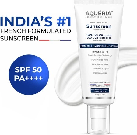 Aqueria Sunscreen - SPF 50 PA++++ Brightening & Hydrating French Multi-Active SPF | Niacinamide, Tranexamic Acid