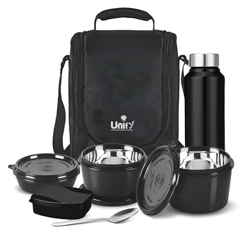 Unify MealMate Lunch Box with 3 Microwave Safe Inner Steel Containers (500ml, 350ml, 200ml), 130ml Plastic Chutney Dabba, Water Bottle 750ml & Spoon | Office Tiffin with Insulated Bag, Black